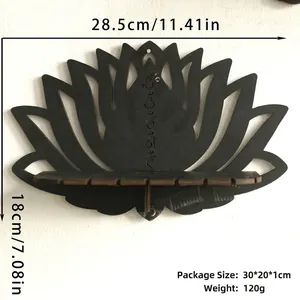 Detailed size specifications for the 28.5cm black lotus wood wall shelf with sacred symbols