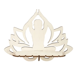 Bohemian wooden yoga meditation wall shelf with lotus cutout and natural wood finish