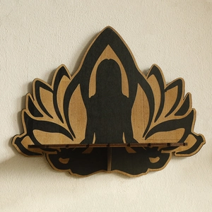 Zen lotus wooden wall shelf with meditation silhouette and a small display ledge