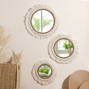 Bohemian Macrame Wall Hanging Mirror Handmade Cotton Rope Fringe Round Decorative Mirror For Living Room Bedroom Nordic Home Decor