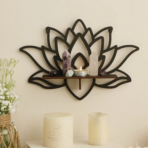 Bohemian black hollow lotus wall shelf with wood tray for crystals and candles