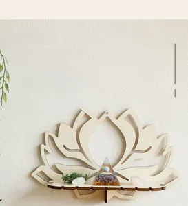 Detail of wooden lotus crystal wall shelf showing laser cut wood texture and zen design