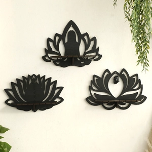 Three-piece black lotus and meditation zen wooden wall hanging set for home decor
