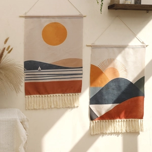 Arazzo in Cotone Intrecciato Bohémien Fatto a Mano Stampa Alba Tramonto Appeso a Parete Con Nappine Asta in Legno Decorazione Casa