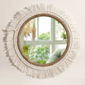 Boho handmade macrame wall mirror with cotton rope fringe and natural jute rope accents