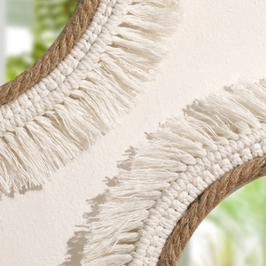Bohemian woven wall mirror with handmade cotton fringe and macrame jute border