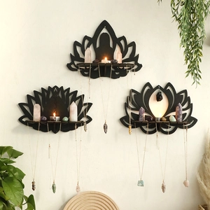 Wooden Lotus Yoga Wall Mounted Crystal Display Shelf Black Zen Meditation Hollow Out Candle Holder Home Decor Floating Shelf