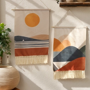 Set di arazzi bohémien tessuti con sole e nappe per decorazione murale interna