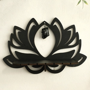 Minimalist black wooden lotus wall shelf with crystal pendant for home wall decoration