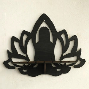 Minimalist black wooden yoga lotus wall shelf for crystals and home decor display
