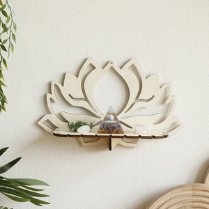 Modern Lotus Shape Wooden Wall Shelf Floating Crystal Display Rack Hollow Out Wood Carved Hanging Storage Shelf For Bedroom Home Decor