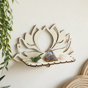 Minimalist wooden lotus flower wall shelf with crystals and plants for home decor