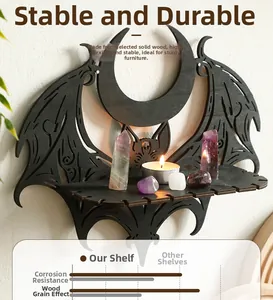 Detail of wooden bat crescent moon shelf for crystals with high-quality solid wood texture