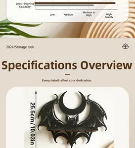 Detail showing the 25.5cm bat and moon wooden wall shelf for crystal storage