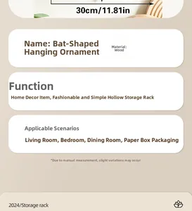 Detailed size chart for bat shaped wooden shelf showing 30cm width and Schima superba material
