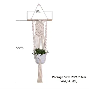 Handmade bohemian white cotton macrame plant hanger with 20cm wood bar and 53cm length