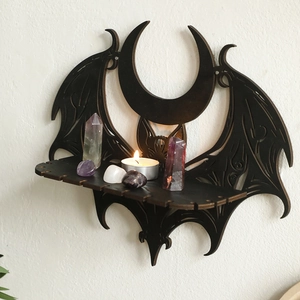 Gothic bat and crescent moon wooden crystal shelf for Halloween wall decor at home