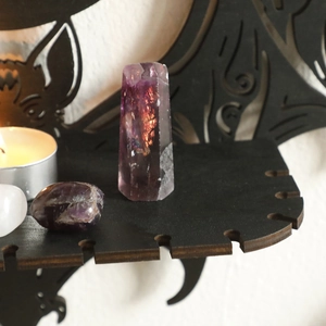 Gothic bat wood shelf set with natural purple amethyst crystal pillar and stones
