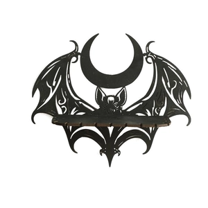 Gothic bat and crescent moon wooden wall shelf in matte black for crystal display