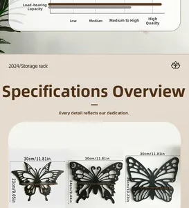 Size chart showing dimensions for three butterfly-shaped wall storage racks in inches and cm