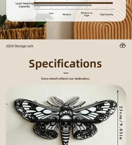 Detail view of moth crystal shelf showing 23cm height and skull design elements