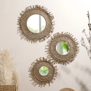 Bohemian Hand Woven Cotton Rope Round Wall Hanging Mirror Macrame Fringe Tassel Decorative Circle Mirror For Living Room Bedroom Home Decor