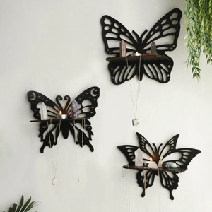 Black butterfly wooden wall shelf for crystal display and hanging candle holders