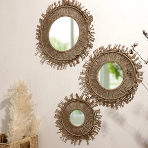 Bohemian handmade round fringe wall mirrors with woven brown cotton rope for home decor