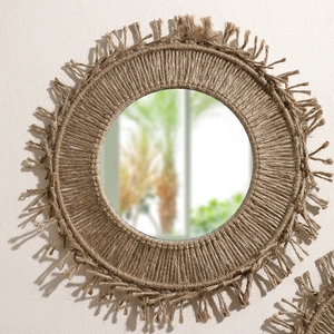 Bohemian round wall mirror with brown handwoven cotton rope frame and fringe tassels