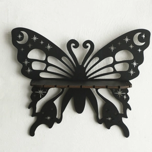 Minimalist black butterfly wooden wall shelf with star and moon hollowed-out carvings