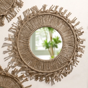 Bohemian handmade brown cotton rope woven wall mirror with round fringe and tassel decor
