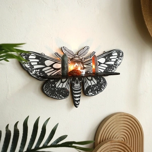 Minimalist wooden moth skull wall shelf for home decor, gothic style display rack