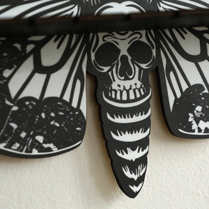 Death's-head hawkmoth wooden crystal wall shelf with detailed skull print home decor