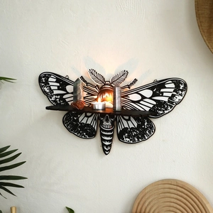 Gothic moth wooden wall shelf for crystals with butterfly skull design and display board
