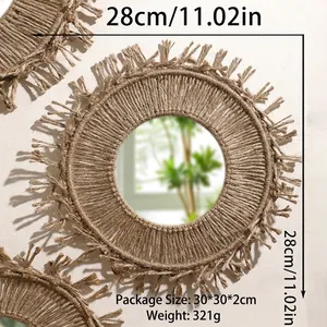 Detail of bohemian round mirror with 28cm diameter and handmade jute tassel fringe