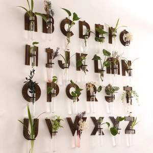 A-Z alphabet wall planter set made of dark wood with glass tubes for home decor