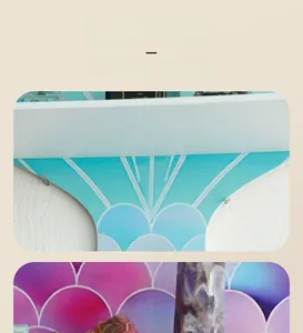 Detail of bohemian mermaid scale wooden shelf with blue and purple gradient finish