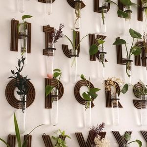 Macro detail of alphabet wood wall shelf with glass tube for hydroponic plants