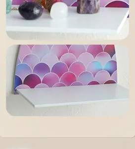 Detail of mermaid scale storage rack with iridescent purple and blue crystal shelf