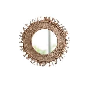 Bohemian style handmade brown cotton rope woven round wall mirror with fringe decoration