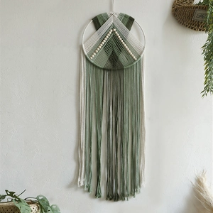 Bohemian handmade macrame wall hanging with green gradient tassels and wooden beads decor