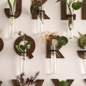 Close-up of wall-mounted wooden letter plant holders with glass propagation tubes