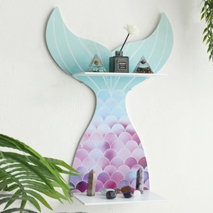 Bohemian mermaid tail wooden shelf with crystal display tiers in pastel gradient design