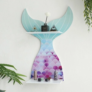 Bohemian mermaid tail wooden wall shelf with gradient blue fish scales and dual tier display