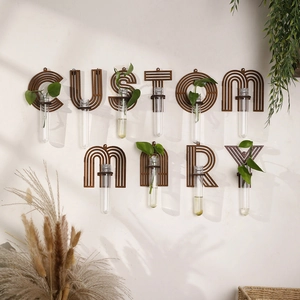 Customary letter wooden wall plant holder with glass test tube vases for home decor