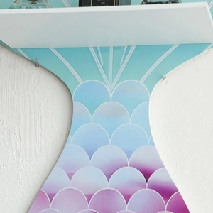 Bohemian mermaid tail wooden floating shelf with colorful scales and white platform