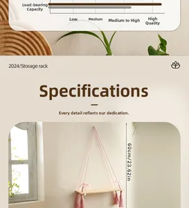 Detail of pink macrame shelf with wooden beads, tassels and ribbons for wall decor