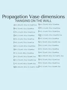 Detailed size chart for wall-hanging alphabet propagation vases showing A-Z dimensions in cm and inches