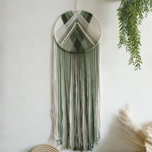 Bohemian Handmade Woven Macrame Wall Hanging With Wood Beads Cotton Tassel Tapestry Nordic Style Green White Home Wall Decor