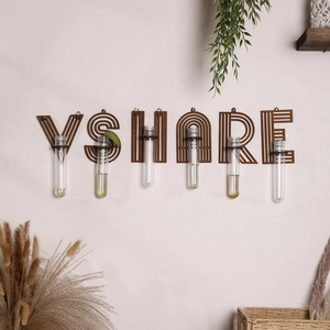 Minimalist VSHARE wall hanging wooden letter planters with glass hydroponic test tubes